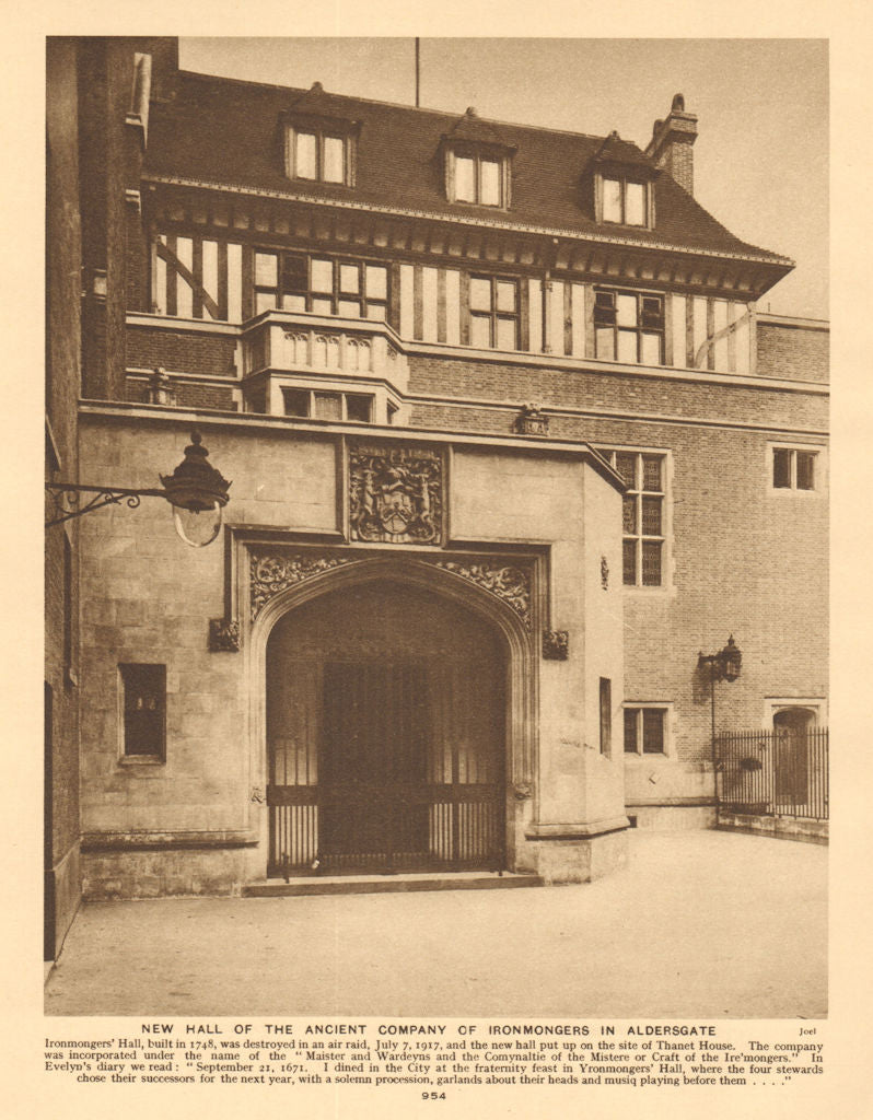 Worshipful Company of Ironmongers Hall, Aldersgate. Livery 1926 old print
